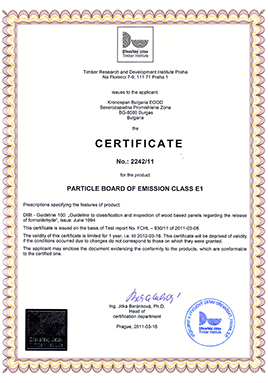 Сертификат за екологичен клас Е1 на ЛПДЧ Кроношпан